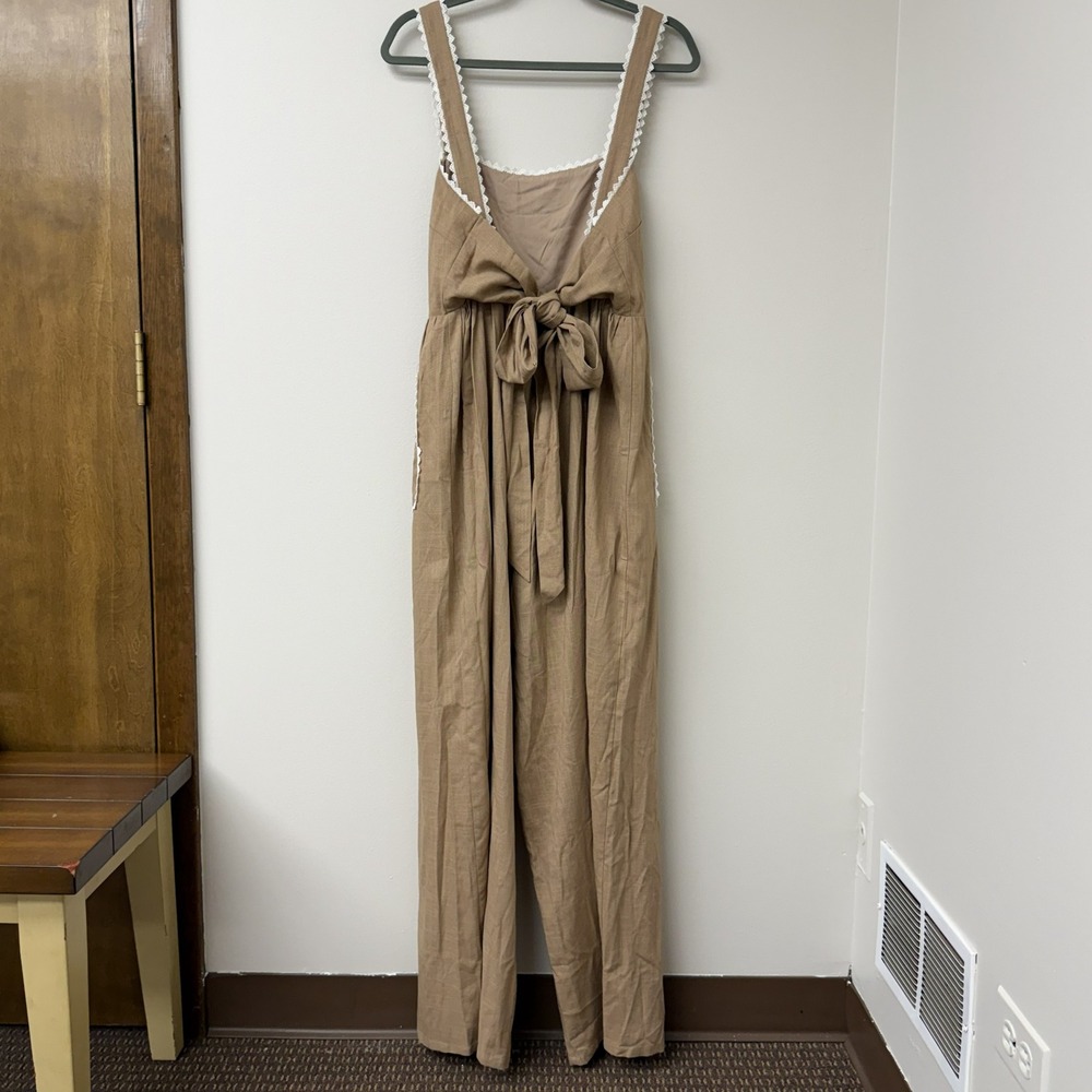 VICI, Tan Linen Blend Crochet Lace Trim Wide Leg Tie Back Jumpsuit Size Large - Picture 5 of 9